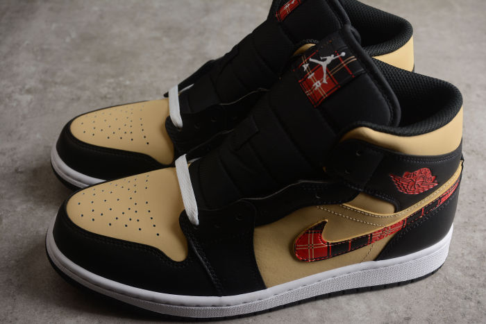 Air Jordan 1 Mid SE Tartan Swoosh Men Sneakers Brown Black Sesame