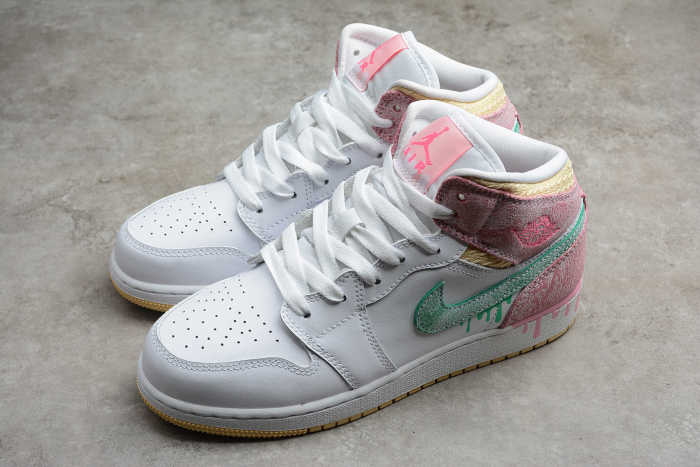 Air Jordan 1 Mid SE GS Paint Drip White Pink DD1666-100 GS