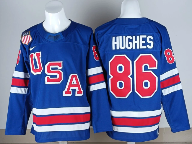 Team USA Winter Olympics 2026 Ice Hockey Jersey Blue Stitched NO.86 Hughes