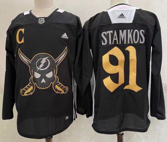 Tampa Bay Lightning 2022 Pirate-themed Warmup Jersey Black NO.91 STAMKOS
