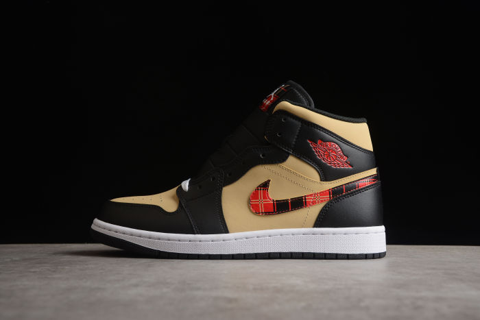 Air Jordan 1 Mid SE Tartan Swoosh Men Sneakers Brown Black Sesame