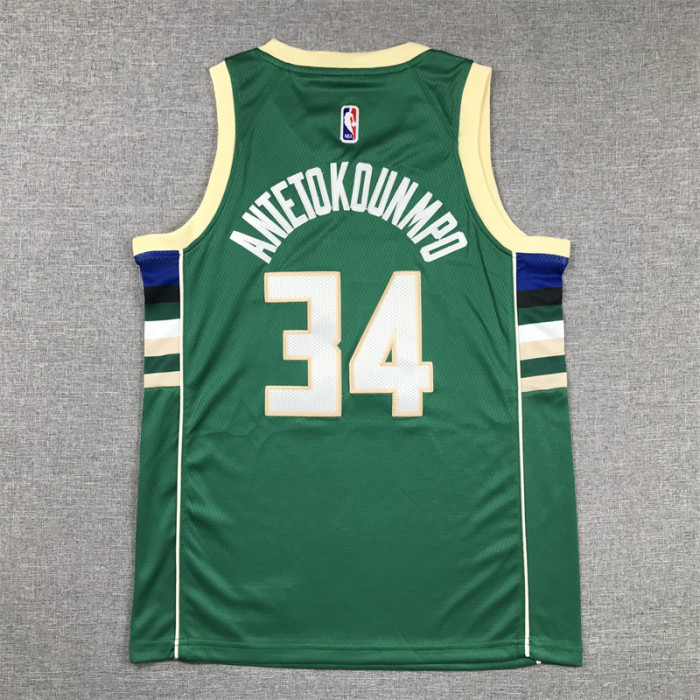 Milwaukee Bucks Kids Jersey Green Lcon Edition  2020 NO.34  ANTETOKOUNMPO