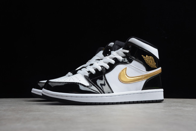 Air Jordan 1 Mid Patent Black White Gold Mens 852542-007