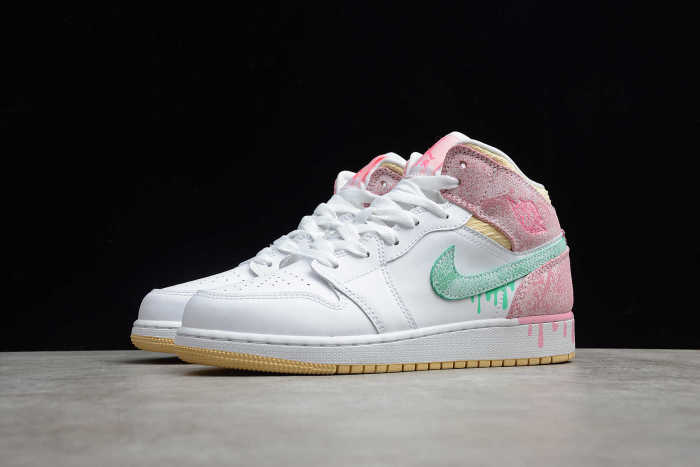Air Jordan 1 Mid SE GS Paint Drip White Pink DD1666-100 GS