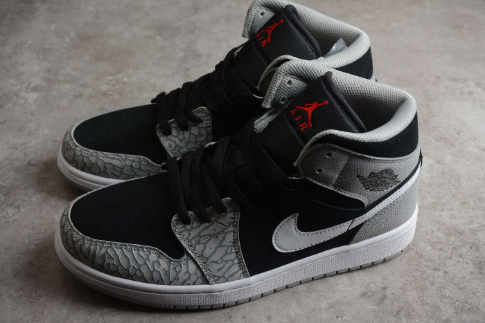 Air Jordan 1 Mid SE GS Elephant Toe Sneakers Grey Black White