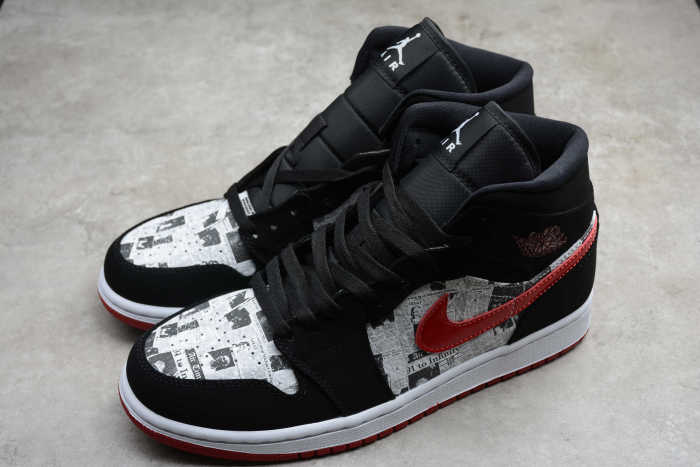 Air Jordan 1 Mid Newspaper Air Times Black Red 852542-061