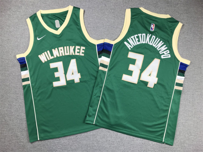 Milwaukee Bucks Kids Jersey Green Lcon Edition  2020 NO.34  ANTETOKOUNMPO