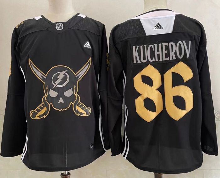 Tampa Bay Lightning 2022 Pirate-themed Warmup Jersey Black NO.86 KUCHEROV