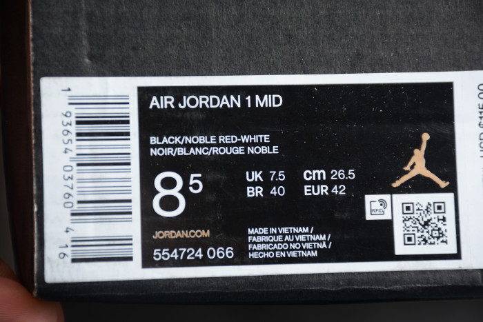 Air Jordan 1 Mid Bred Toe Black/Noble Red 554724-066