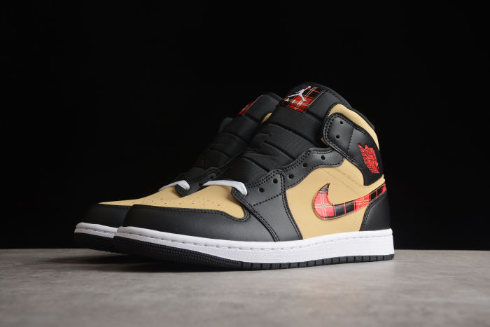 Air Jordan 1 Mid SE Tartan Swoosh Men Sneakers Brown Black Sesame