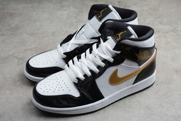 Air Jordan 1 Mid Patent Black White Gold Mens 852542-007