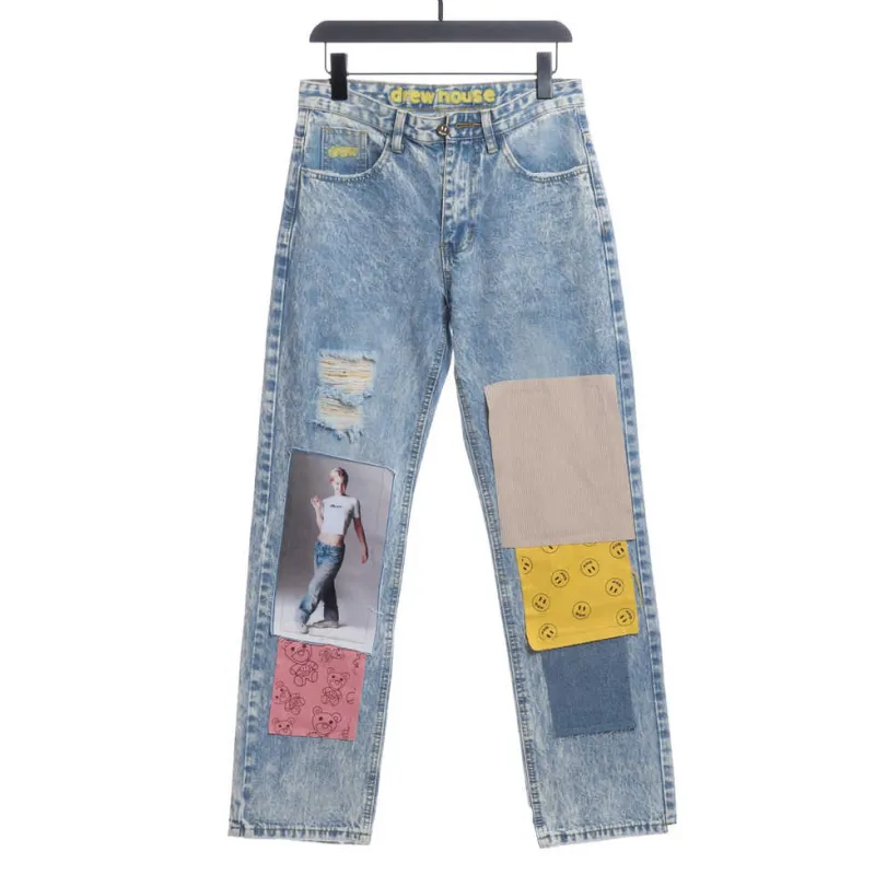 Drew Smiley Bear Patch Ripped Denim Trousers pants