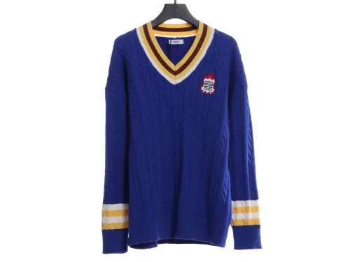 LOEVVE SS22 striped color block V-neck pullover sweater