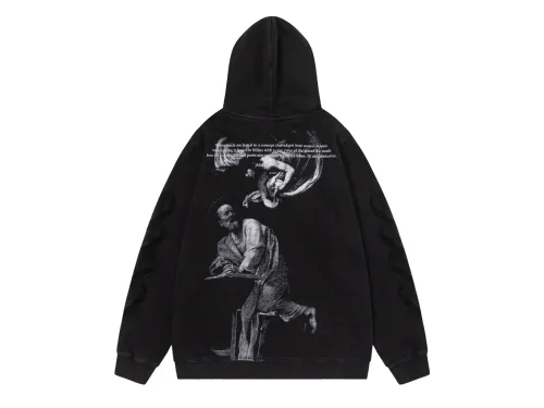 Off-White 24SS new black-and-white portrait oil painting washed hoodie Black