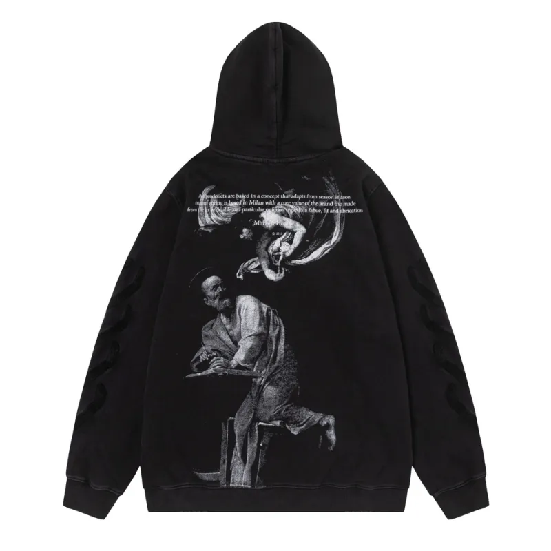 Off-White 24SS new black-and-white portrait oil painting washed hoodie Black