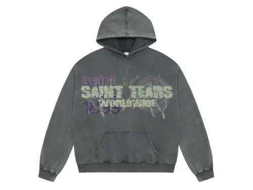 Saint Mich@el tears washed distressed salt-treated 400g heavy-weight vintage terry cloth hoodie in gray