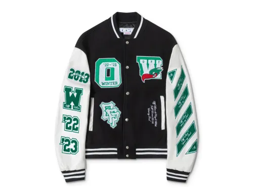 Off-White 2024 Fall/Winter new heavy embroidery patchwork leather varsity jacket in black, unisex