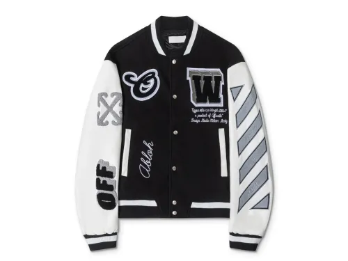 Off-White 2024 Fall/Winter new heavy embroidery patchwork leather varsity jacket in black, unisex