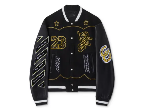 Off-White 2024 Fall/Winter new heavy embroidery rhinestone patchwork leather varsity jacket in black, unisex