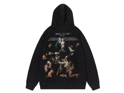 Off-White 24SS new colorful portrait oil painting washed hoodie Black