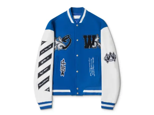 Off-White 2024 Fall/Winter new heavy embroidery rhinestone patchwork leather varsity jacket in blue, unisex