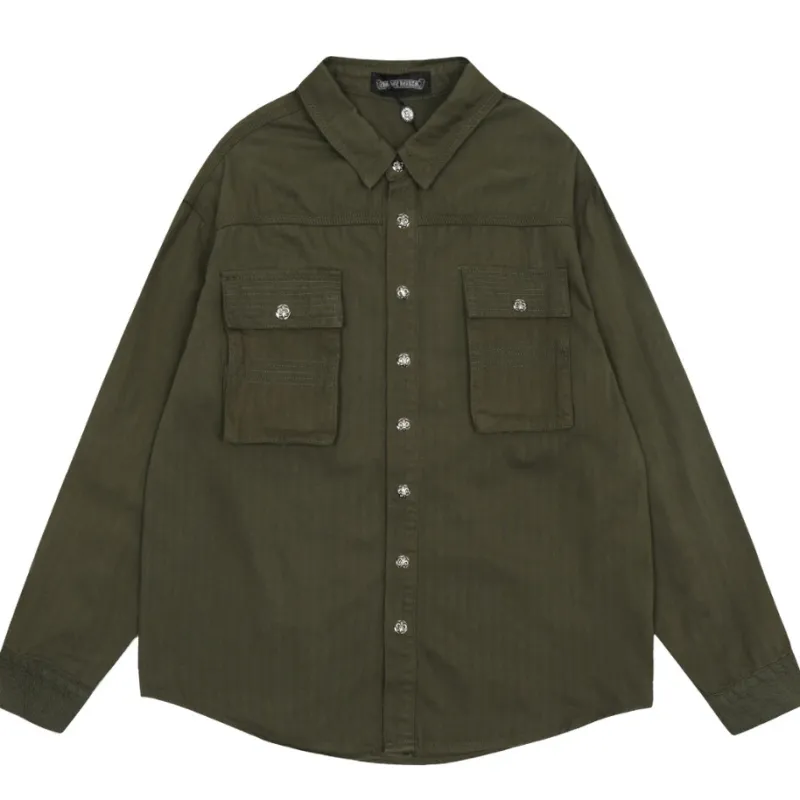 Chrome Hearts embroidered washed denim shirt jacket in military green