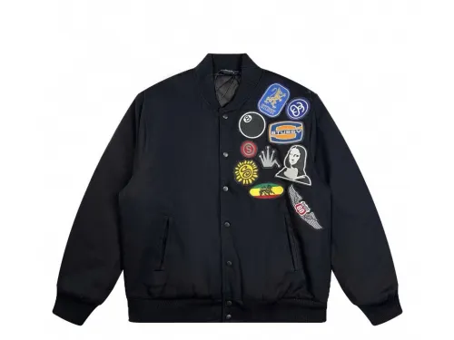 Stussy appliqué graphic print single-breasted logo stand-collar varsity jacket