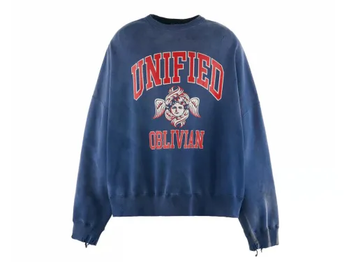 SAINT Mich@el FW24 vintage distressed angel graphic with letter print heavy-duty ribbed crewneck long-sleeve sweatshirt