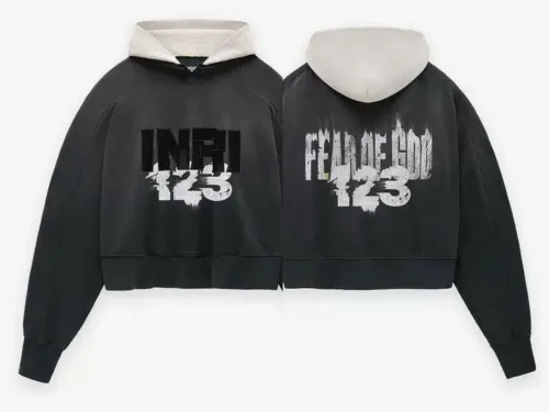 FOG collaboration **RRR123** color-blocked **INRI** print hoodie, a super popular vintage-style pullover on Instagram.