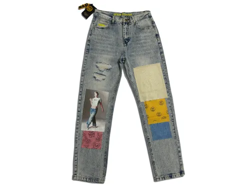 Drew House Smiley Face Digital Picture Sticker Stitching Jeans