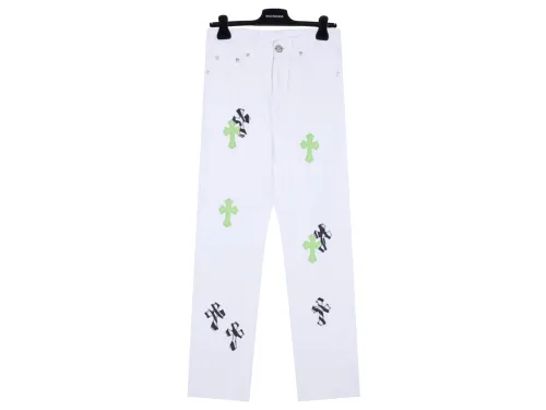 Chrome Hearts Green Zebra Print Croesses White Pants
