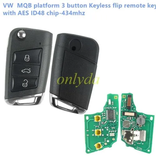 KYDZ Brand  For  VW  MQB platm 3 button Keyless flip remote key  with AES ID48 chip-434mhz & HU66 blade, used  T-Cross,  ect