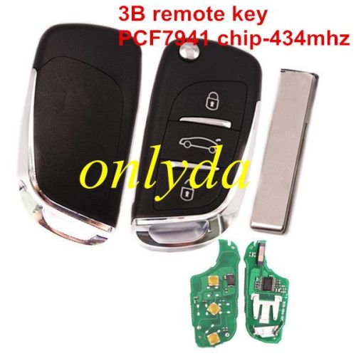 For Peugeot 3 button remote key with 434mhz FSK model  with PCF7941 chip Original PCB+  aftermarket shell