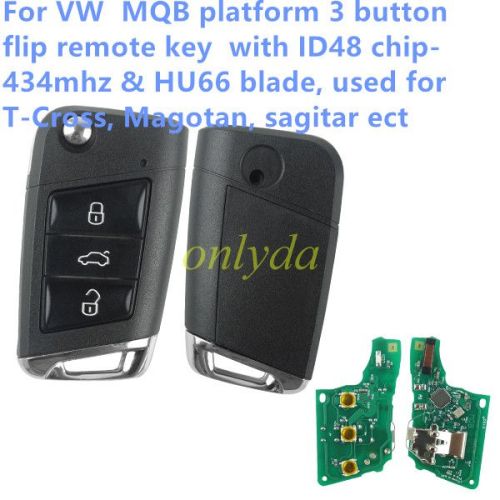 KYDZ For  VW  MQB platm 3 button flip remote key  with ID48 chip-434mhz & HU66 blade, used  T-Cross, Magotan, sagitar ect
