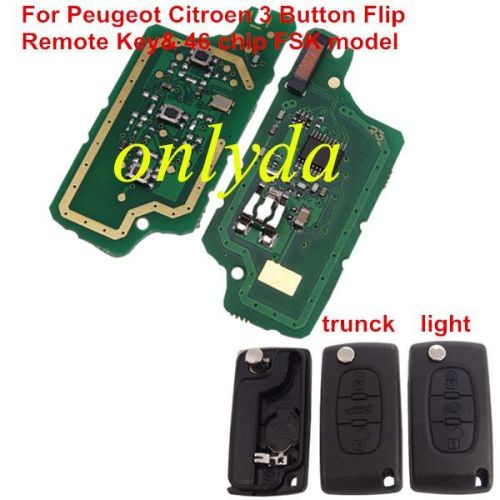 For Citroen 3 Button Flip  Remote Key with 46 chip PCF7961 chip FSK model  with VA2 and HU83 blade, trunk and light button , please choose the key shell