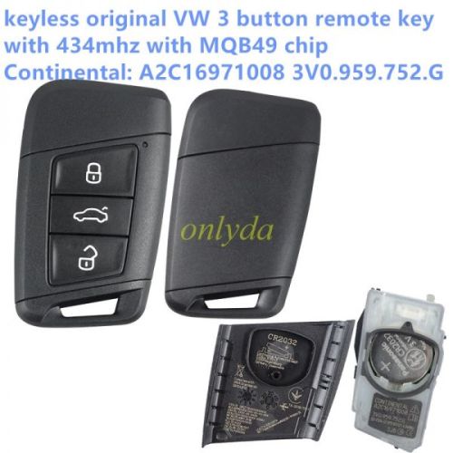 For keyless OEM  VW 3 button remote key  434mhz with MQB49 chip Continental: A2C16971008 3V0.959.752.G