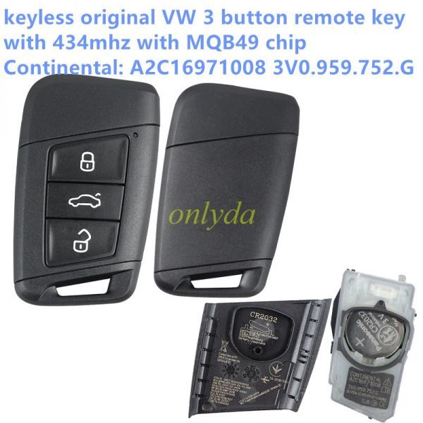 For keyless OEM  VW 3 button remote key  434mhz with MQB49 chip Continental: A2C16971008 3V0.959.752.G