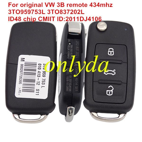 Original VW Skoda  3 button remote key  with 434mhz Model Number is 3T0959753L 3T0837202L