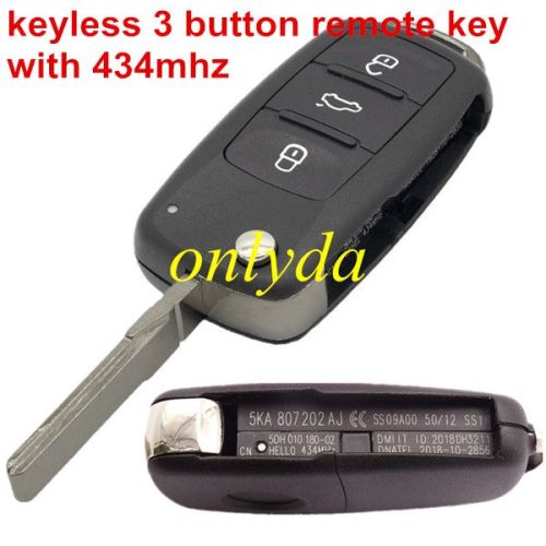 3 button remote keyless-go for 2008-2015 Jetta Tiguan Polo with  ASK 434mhz  chip： ID48  Part Number : 5KO-959-753-AG /5KO-837-202AJ