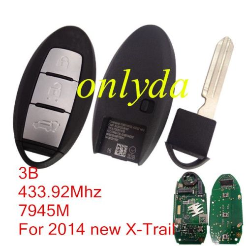 For Nissan  3 button remote key For 2014 new X-Trail 433.92mhz, chip:7945M  Continental:S180144102 CMIIT ID:2012DJ6167 TRC/LPD/2011/78 KCC-CRM-TAL-S180144202