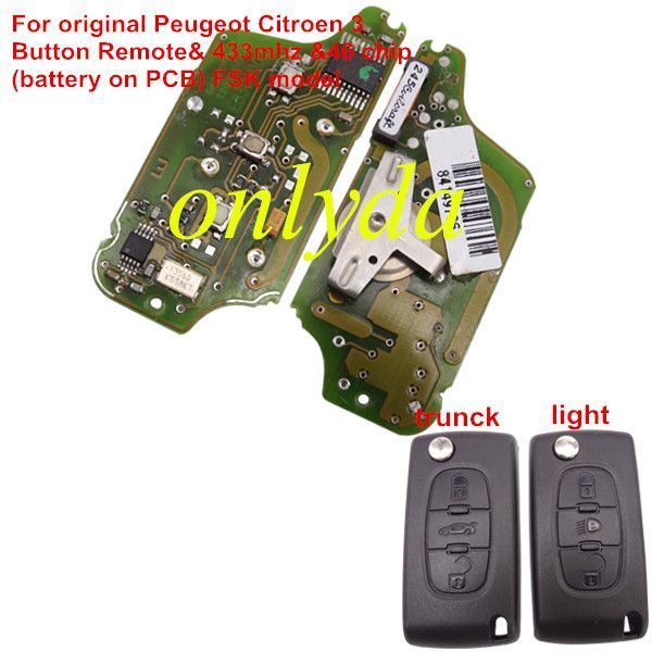 For OEM Peugeot 3 Button Flip  Remote Key with 433mhz  (battery on PCB) with FSK model  with 46 chip