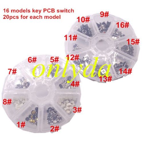 For muti-function remote key switch,PCB  buttontotal 16 models, 20pcs for each model , total is  320pcs ,it is easy for locksmith engineer to use.