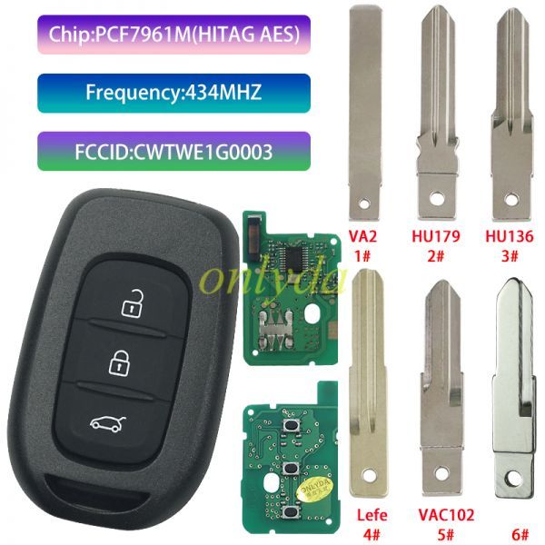 For Renault 3 button remote key with PCF7961M(HITAG AES)chip-434mhz FSK