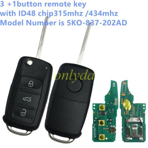 For VW 3 +1button remote key  with ID48 chip315mhz /434mhz Model Number is 5K0-837-202AD Switchable frequency