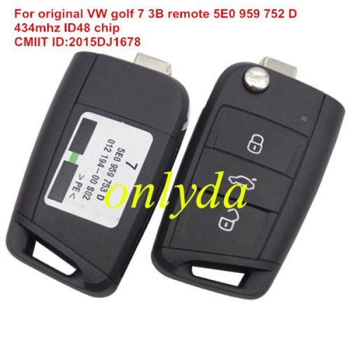 For  VW golf 7 3 button remote key 5E0 959 752 D with 434mhz ID48 chip CMIIT ID:2015DJ1678