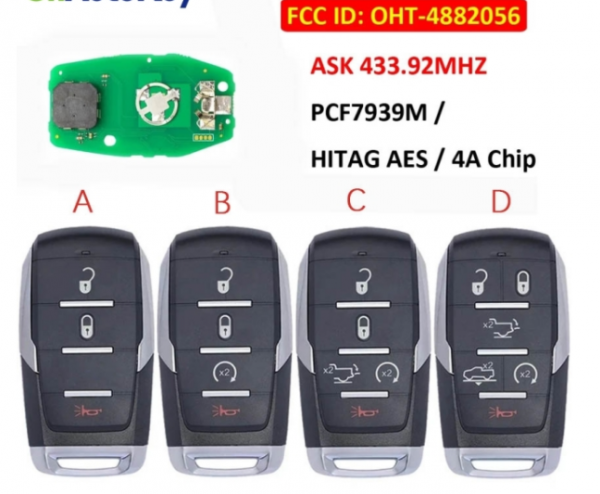 For Dodge  Ram 1500 Pickup 2019 2021 Remote key 433.92mhz with PCF7939M/HITAG AES/4A chip ,can choose the key shell  FCCID:OHT 4882056