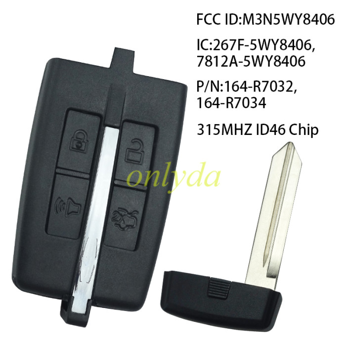 For OEM Lincoln 4 button keyless remote  key with ID46 chip with 315mhz FCCID:M3N5WY8406 IC:267F-5WY8406,7812A-5WY8406 PN:164-R7032,164-R7034