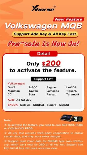 Xhorse VAG MQB Add Key and All Keys Lost License for VVDI Key Tool Plus, VVDI2 +VVDI Prog,please contact us to confirm the programmer serial number