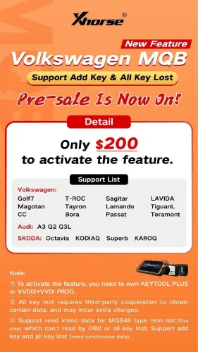 Xhorse VAG MQB Add Key and All Keys Lost License for VVDI Key Tool Plus, VVDI2 +VVDI Prog,please contact us to confirm the programmer serial number