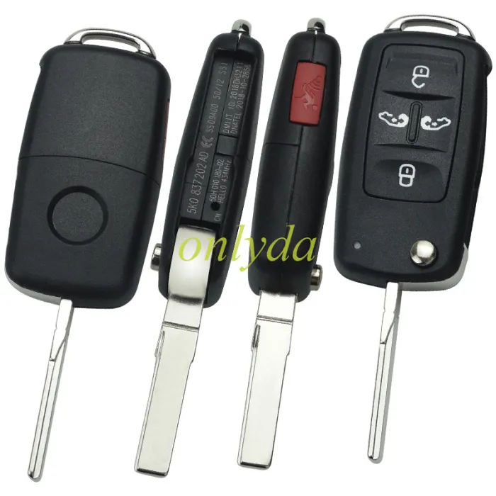 For VW 5 button  Remote Control 434MHz 5K0837202AD  /315mhz 561 837 202 D  Fits VW Sharan  Seat Alhambra， Chip ID48 Switchable frequency